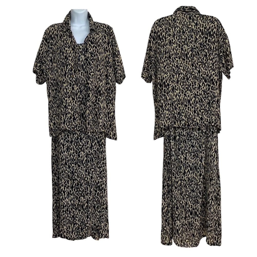 Maxi Tank Sleeveless Dress Set Large Matching Over-Blouse Brown Cheetah Mob Wife